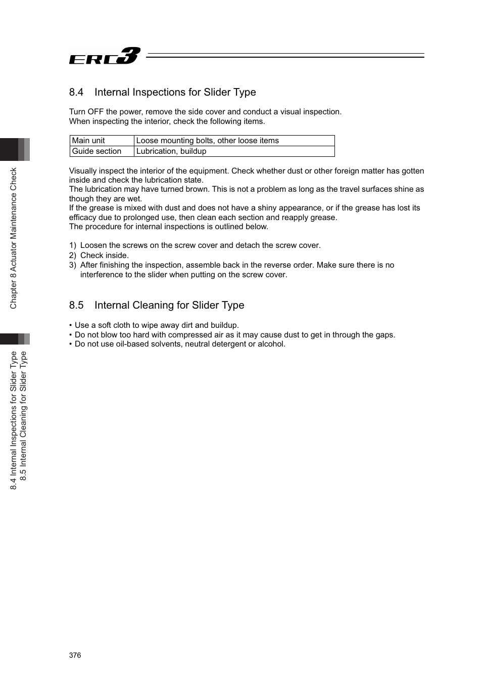 4 internal inspections for slider type, 5 internal cleaning for slider type | IAI America ERC3 User Manual | Page 386 / 438