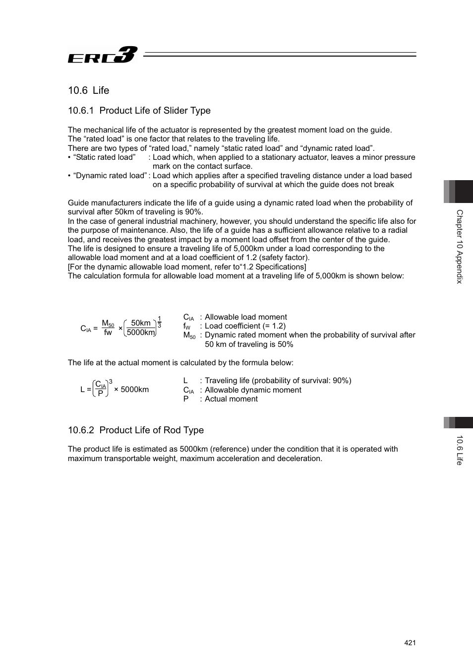 6 life, 1 product life of slider type, 2 product life of rod type | IAI America ERC3 User Manual | Page 431 / 438