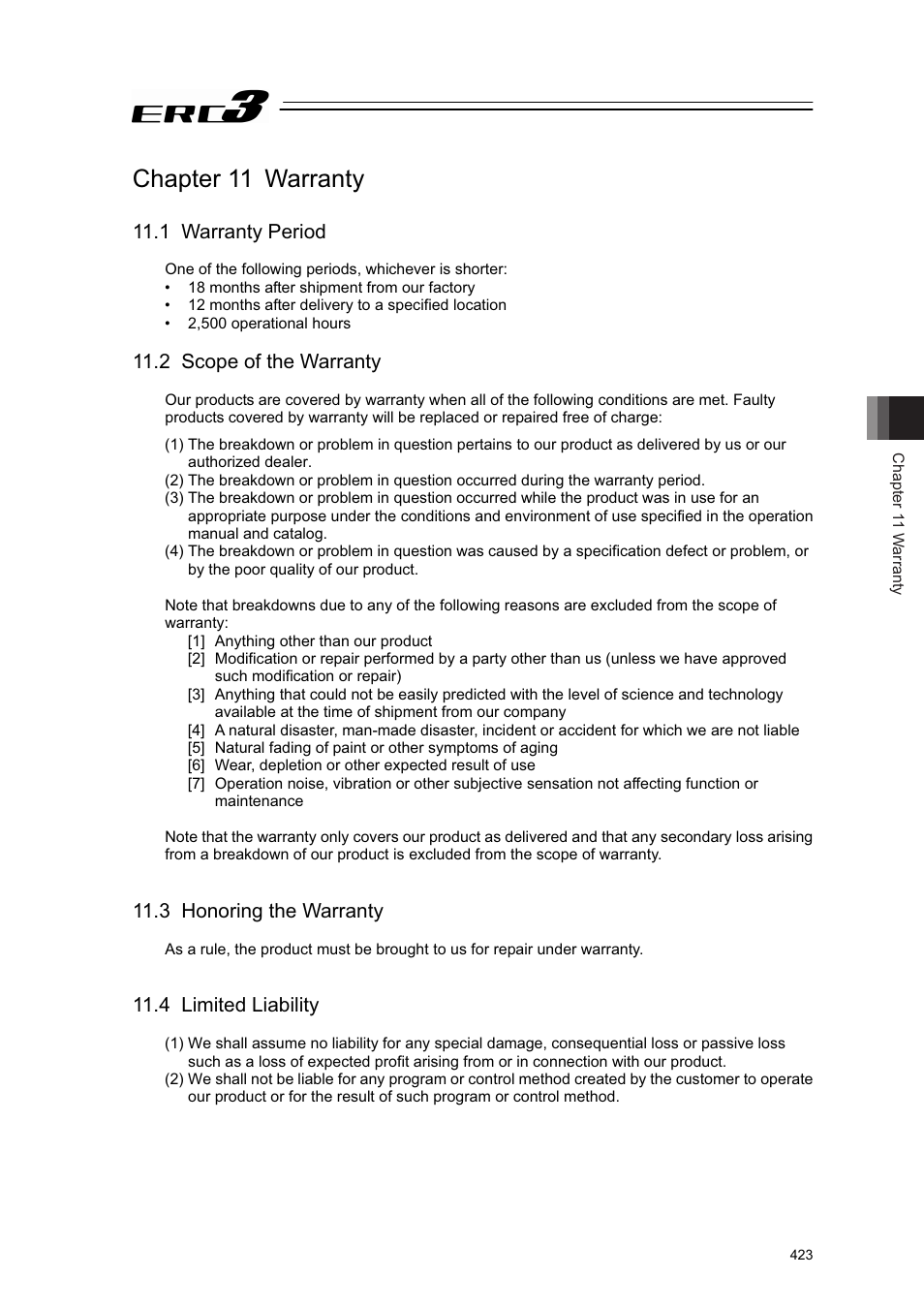 Chapter 11 warranty, 1 warranty period, 2 scope of the warranty | 3 honoring the warranty, 4 limited liability | IAI America ERC3 User Manual | Page 433 / 438