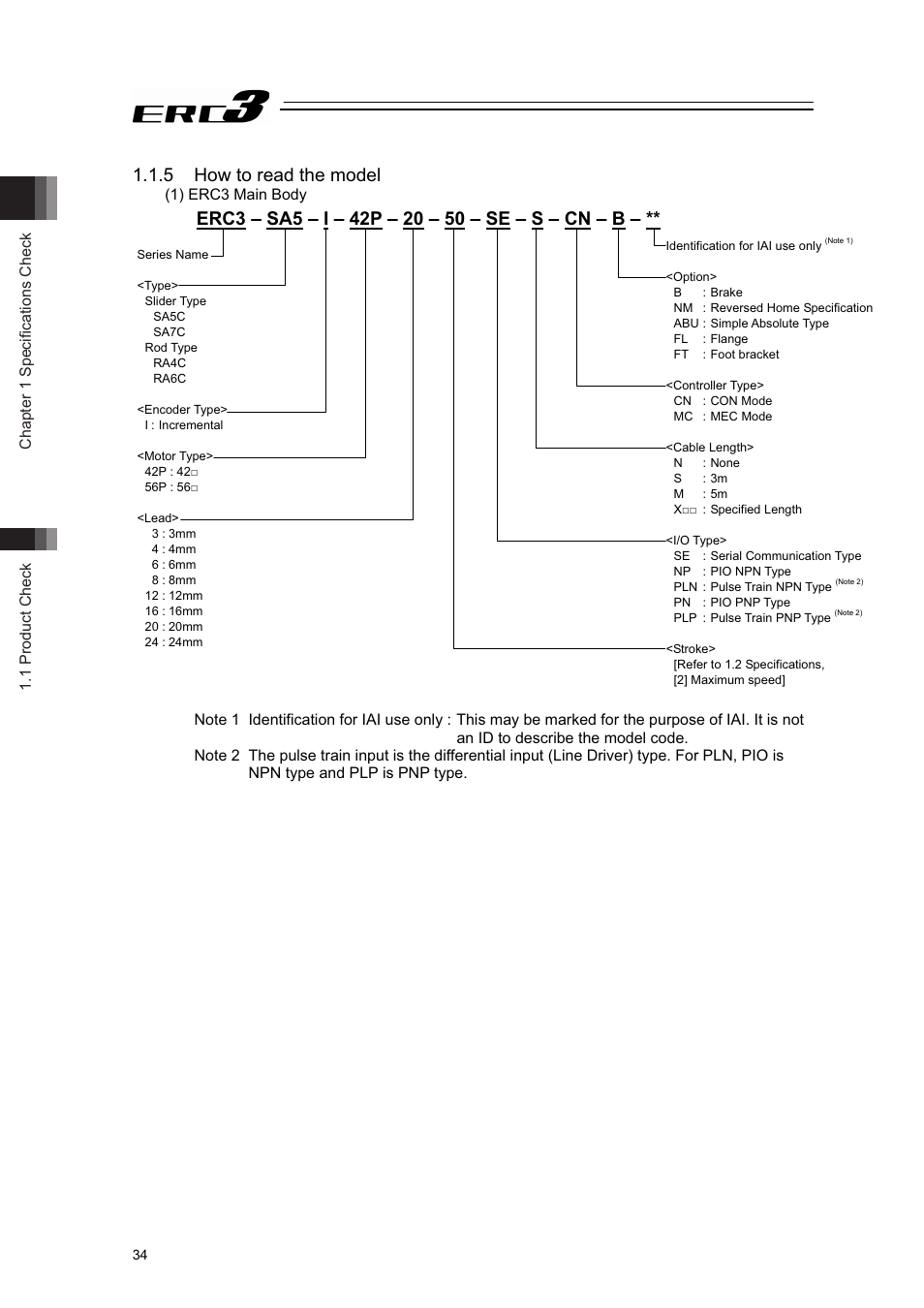 5 how to read the model, Chapter 1 specifications check 1.1 product check, 1) erc3 main body | IAI America ERC3 User Manual | Page 44 / 438