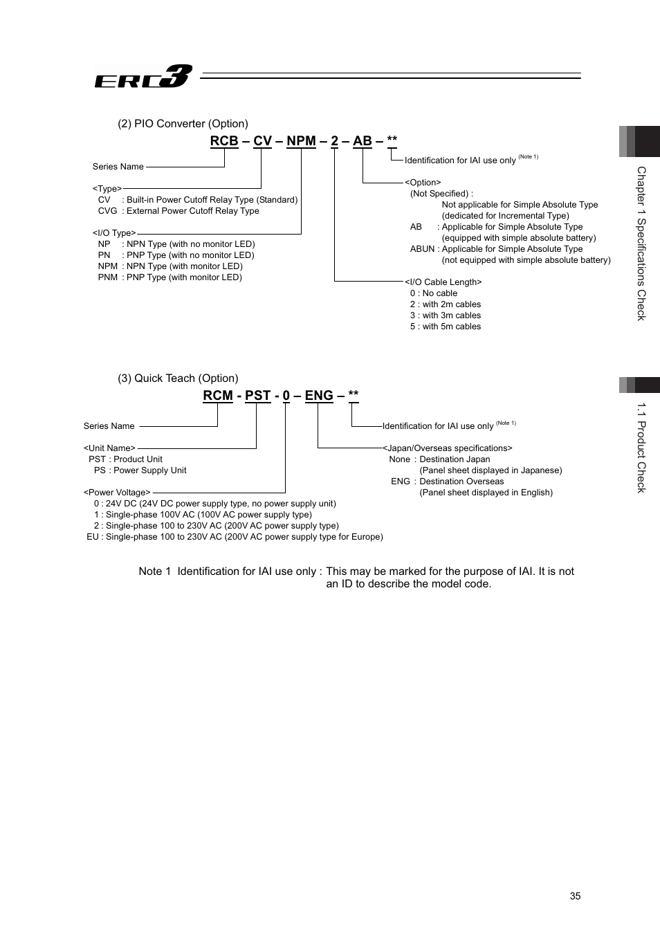 Rcb – cv – npm – 2 – ab, Rcm - pst - 0 – eng, Chapter 1 specifications check 1.1 product check | 2) pio converter (option), 3) quick teach (option) | IAI America ERC3 User Manual | Page 45 / 438