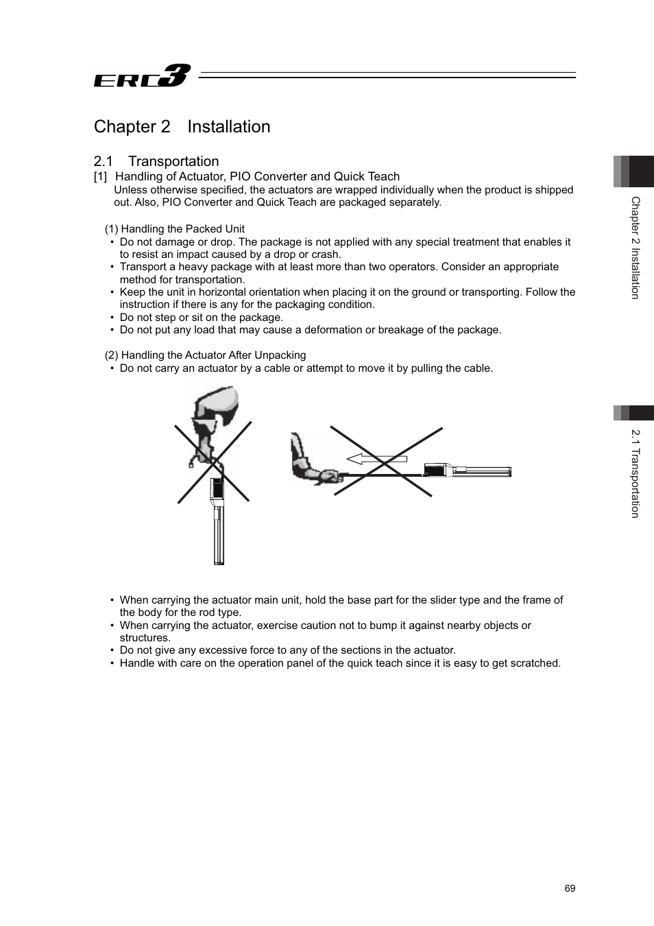 Chapter 2 installation, 1 transportation | IAI America ERC3 User Manual | Page 79 / 438