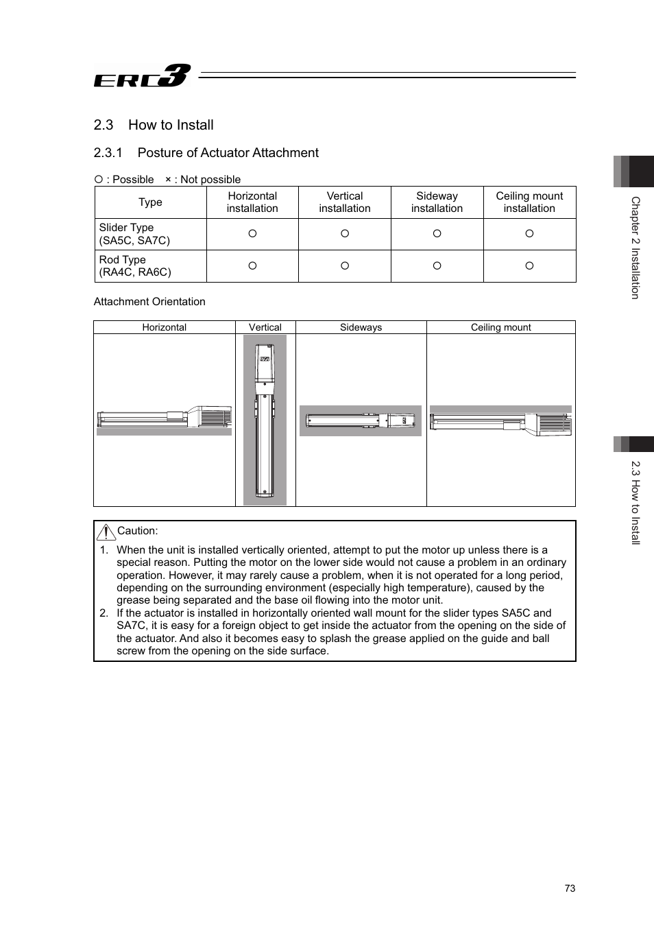 3 how to install, 1 posture of actuator attachment | IAI America ERC3 User Manual | Page 83 / 438