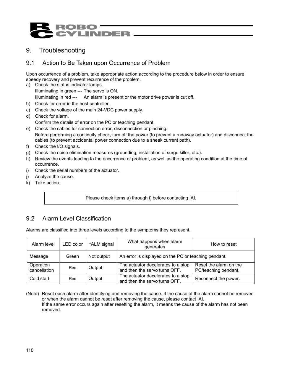 Troubleshooting, 1 action to be taken upon occurrence of problem, 2 alarm level classification | IAI America ERC User Manual | Page 130 / 153