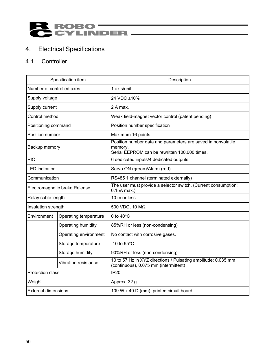 Electrical specifications, 1 controller | IAI America ERC User Manual | Page 70 / 153