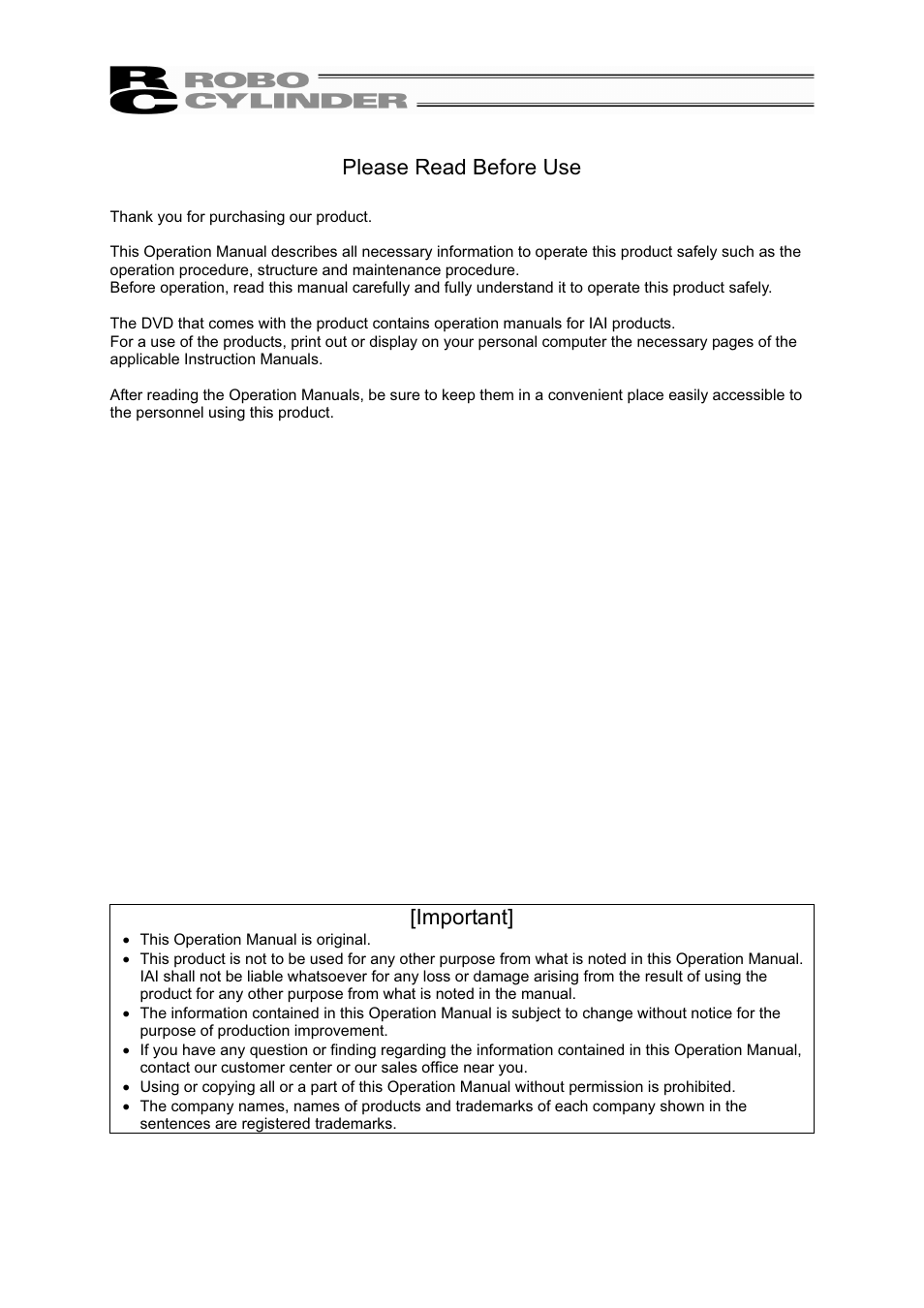 Please read before use, Important | IAI America RCS2-A6R User Manual | Page 3 / 72