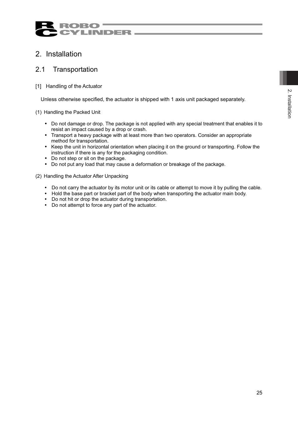 Installation, 1 transportation | IAI America RCS2-A6R User Manual | Page 31 / 72