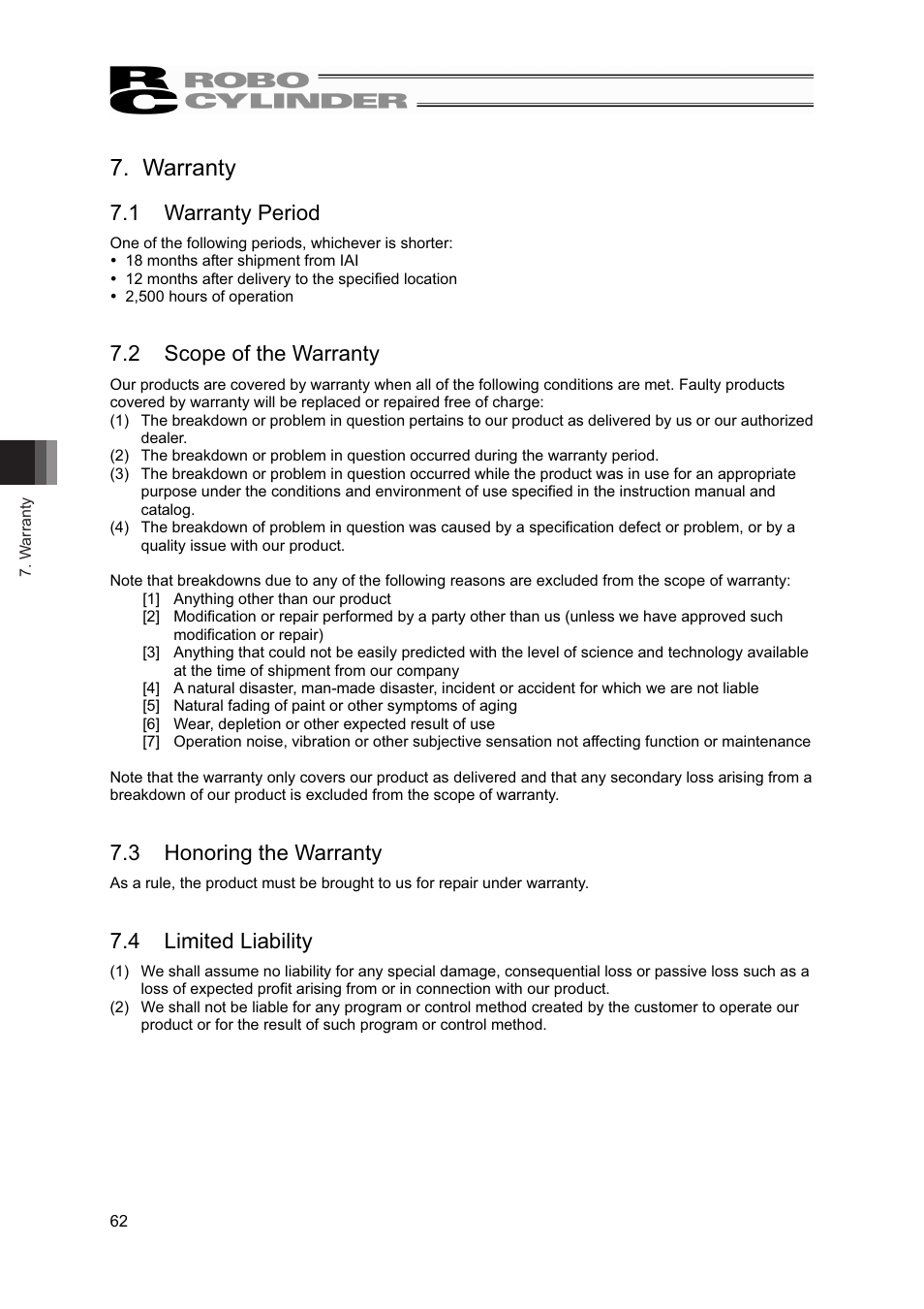 Warranty, 1 warranty period, 2 scope of the warranty | 3 honoring the warranty, 4 limited liability | IAI America RCS2-A6R User Manual | Page 68 / 72