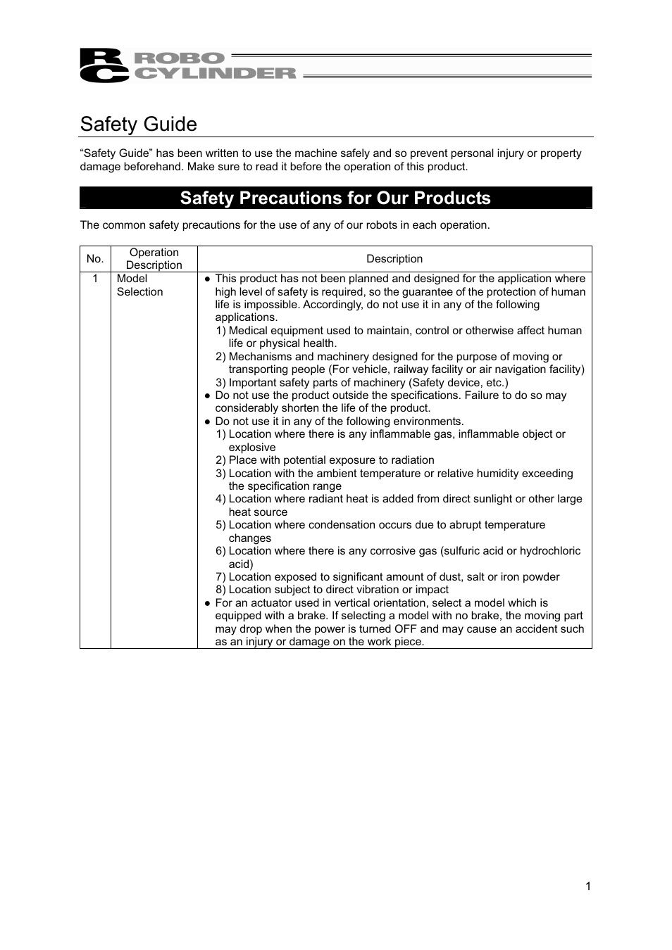 Safety guide, Safety precautions for our products | IAI America RCS2-A6R User Manual | Page 7 / 72