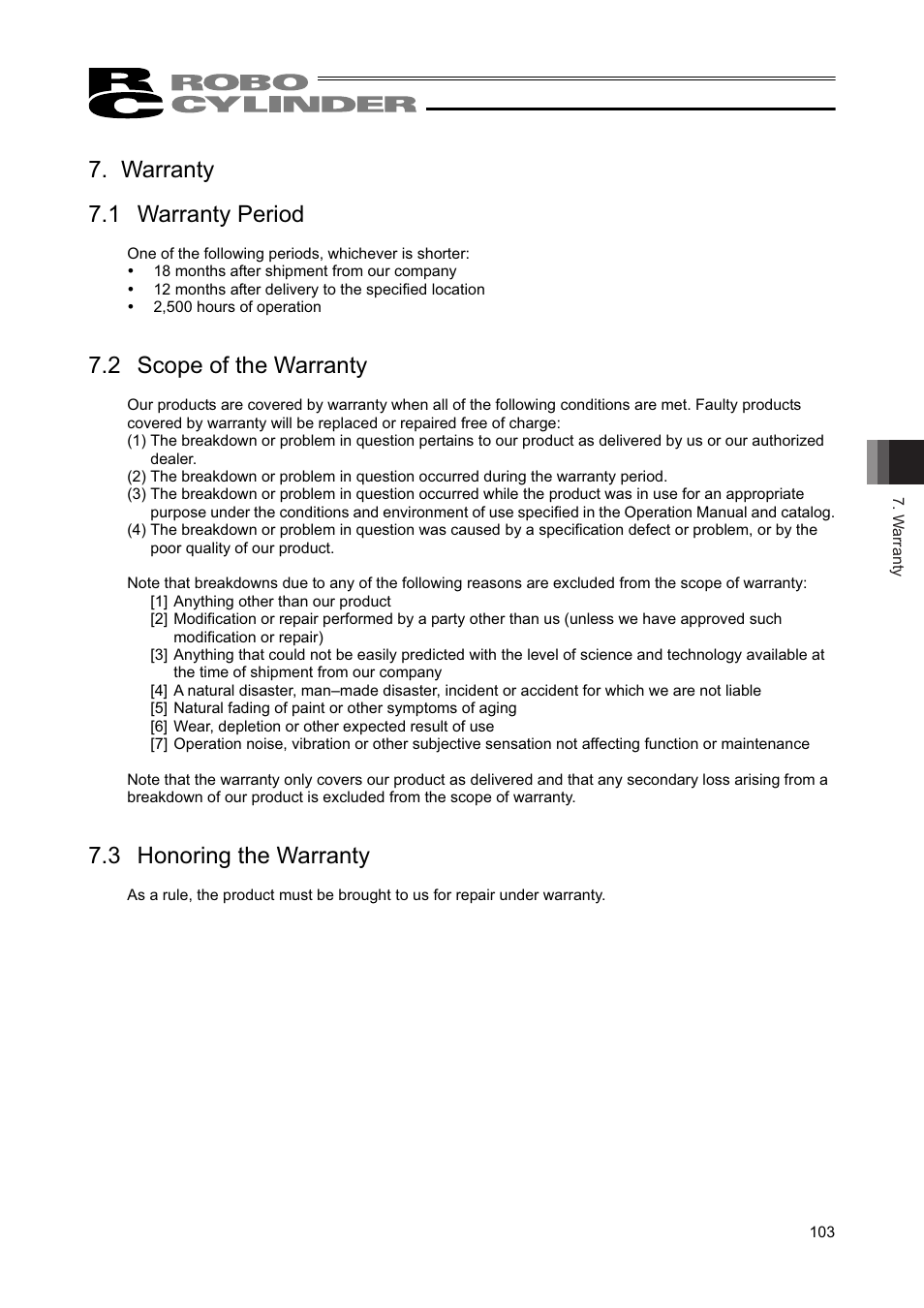 Warranty, 1 warranty period, 2 scope of the warranty | 3 honoring the warranty, Warranty 7.1 warranty period | IAI America RCAW User Manual | Page 109 / 114