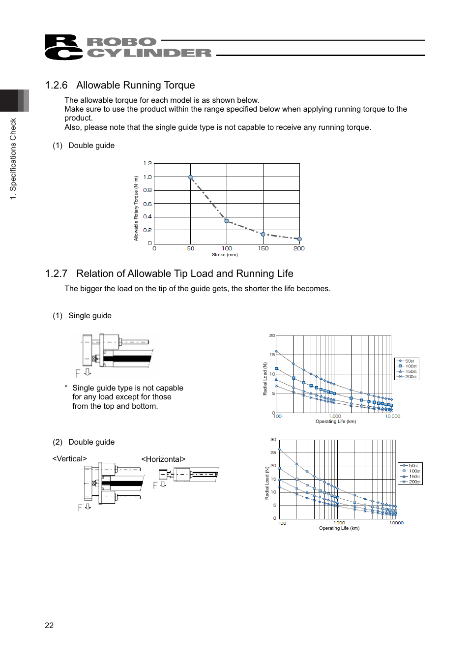 6 allowable running torque, 7 relation of allowable tip load and running life, Specifications check 22 | Vertical> <horizontal | IAI America RCAW User Manual | Page 28 / 114