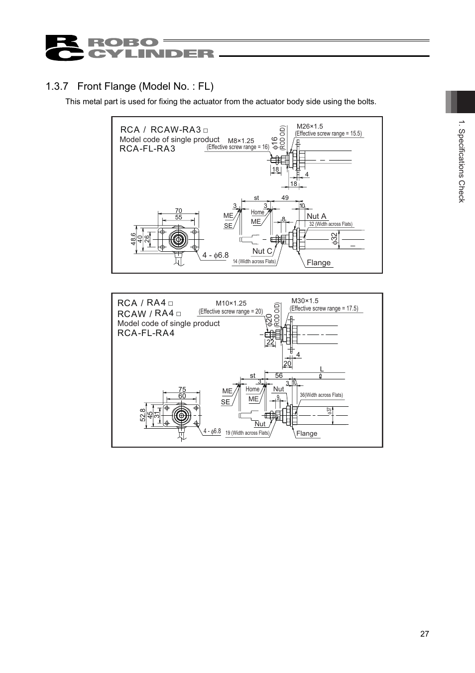 7 front flange (model no. : fl), Rca / rcaw-ra3 □ rca-fl-ra3, Rca / ra4 □ rcaw / ra4 □ rca-fl-ra4 | IAI America RCAW User Manual | Page 33 / 114