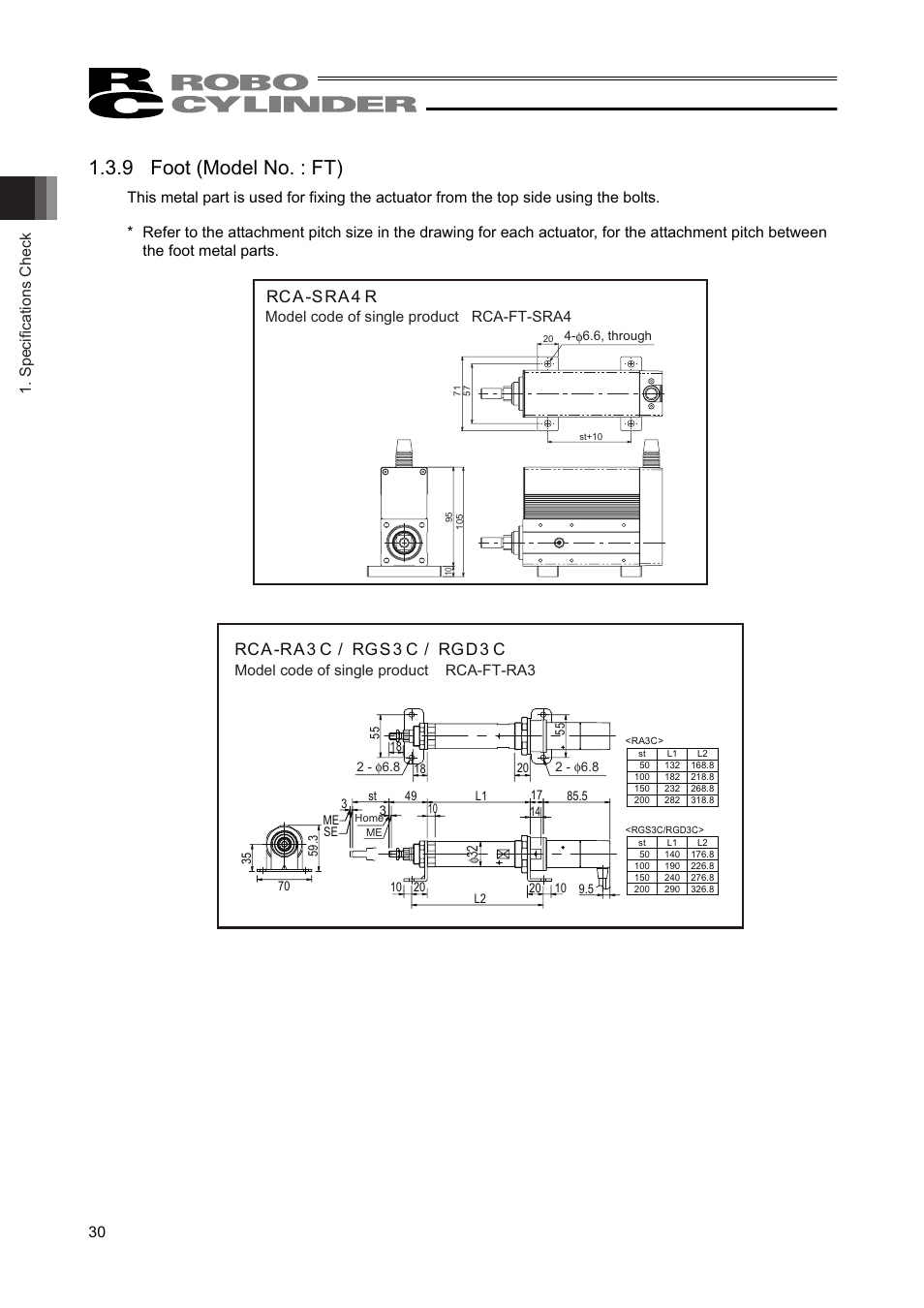9 foot (model no. : ft), Rca-sra4 r, Rca-ra3 c / rgs3 c / rgd3 c | Specifications check 30, Model code of single product rca-ft-sra4, Model code of single product rca-ft-ra3 | IAI America RCAW User Manual | Page 36 / 114
