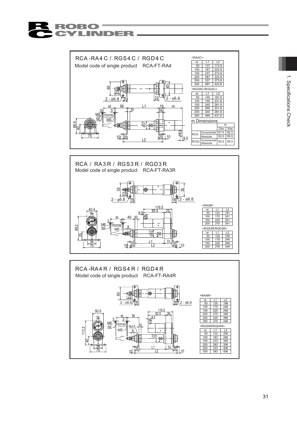 Rca -ra 4 c / rgs4 c / rgd4 c, Rca / ra 3 r / rgs3 r / rgd3 r, Rca -ra 4 r / rgs4 r / rgd4 r | Specifications check 31, Model code of single product rca-ft-ra4, Model code of single product rca-ft-ra3r, Φ32 model code of single product rca-ft-ra4r | IAI America RCAW User Manual | Page 37 / 114