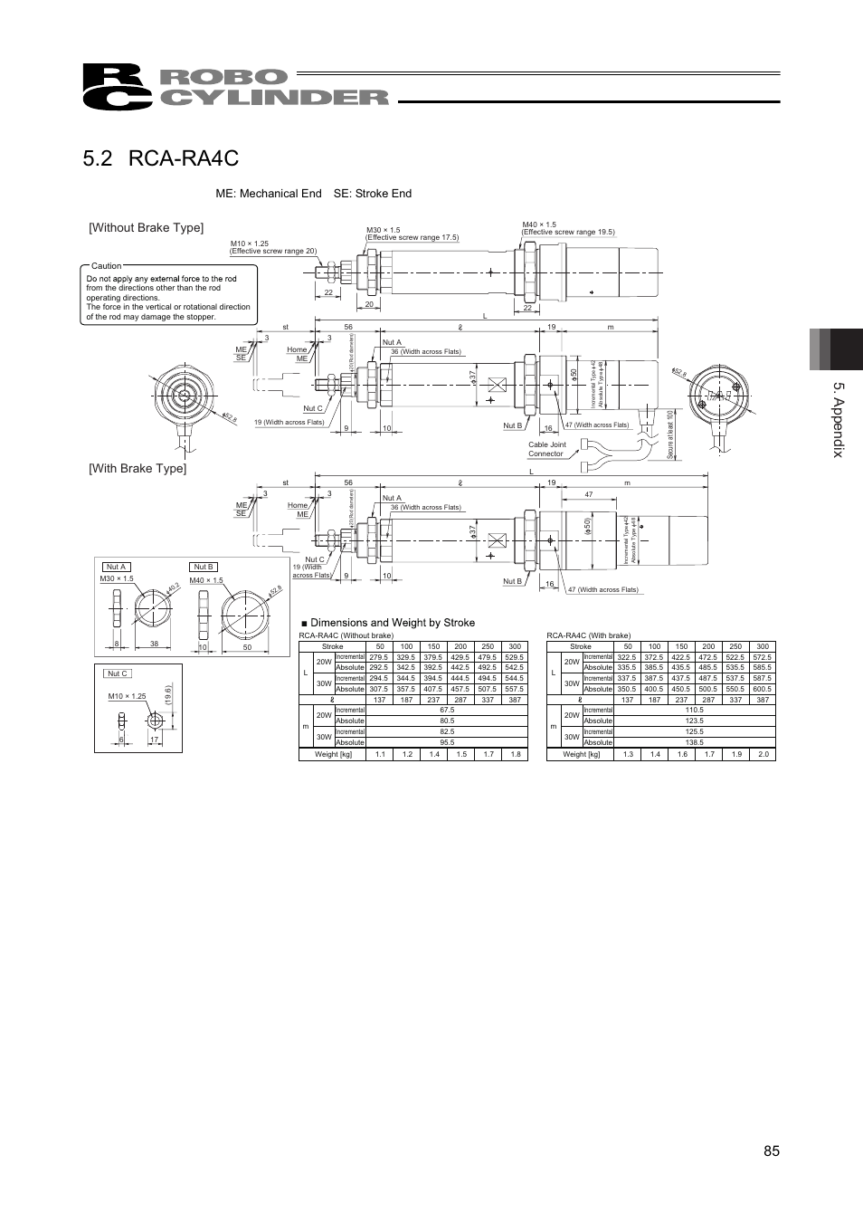 2 rca-ra4c, Appendix 85, With brake type] [without brake type | Me: mechanical end se: stroke end | IAI America RCAW User Manual | Page 91 / 114