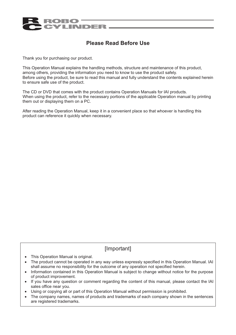 Please read before use, Important | IAI America RCP2-SRGD4R User Manual | Page 3 / 56