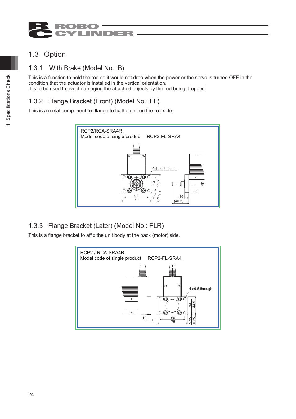 3 option, 1 with brake (model no.: b), 2 flange bracket (front) (model no.: fl) | 3 flange bracket (later) (model no.: flr) | IAI America RCP2-SRGD4R User Manual | Page 30 / 56