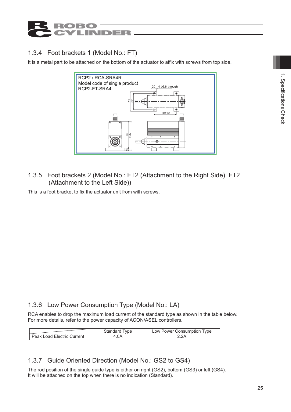 4 foot brackets 1 (model no.: ft), 6 low power consumption type (model no.: la), 7 guide oriented direction (model no.: gs2 to gs4) | IAI America RCP2-SRGD4R User Manual | Page 31 / 56