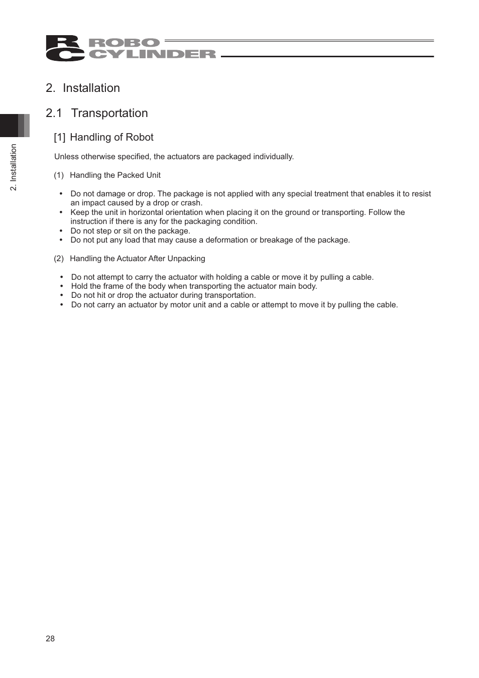 Installation, 1 transportation, Installation 2.1 transportation | IAI America RCP2-SRGD4R User Manual | Page 34 / 56