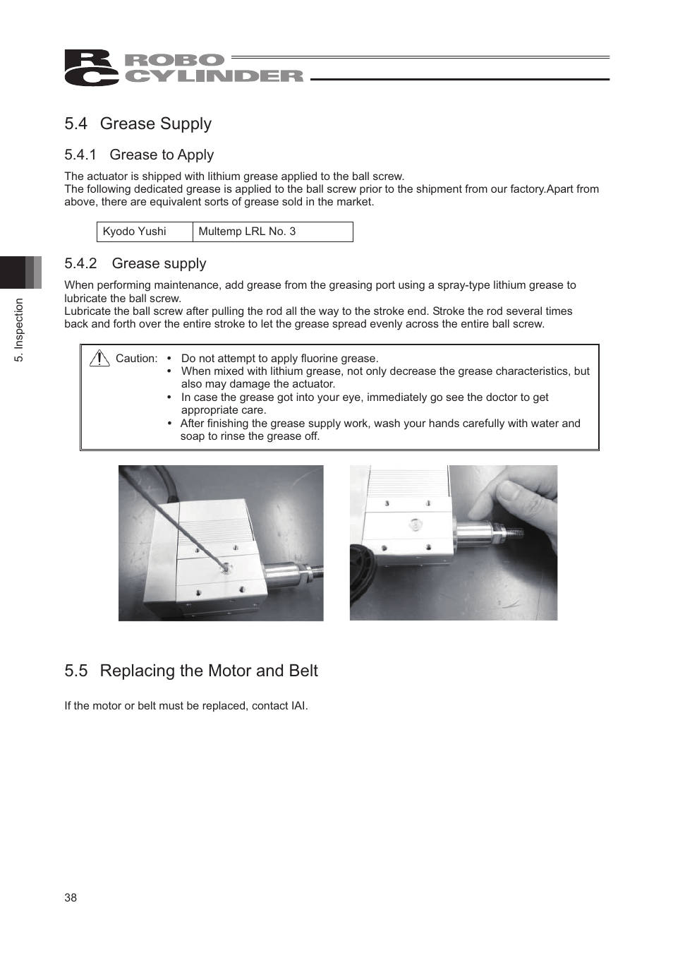 4 grease supply, 5 replacing the motor and belt | IAI America RCP2-SRGD4R User Manual | Page 44 / 56
