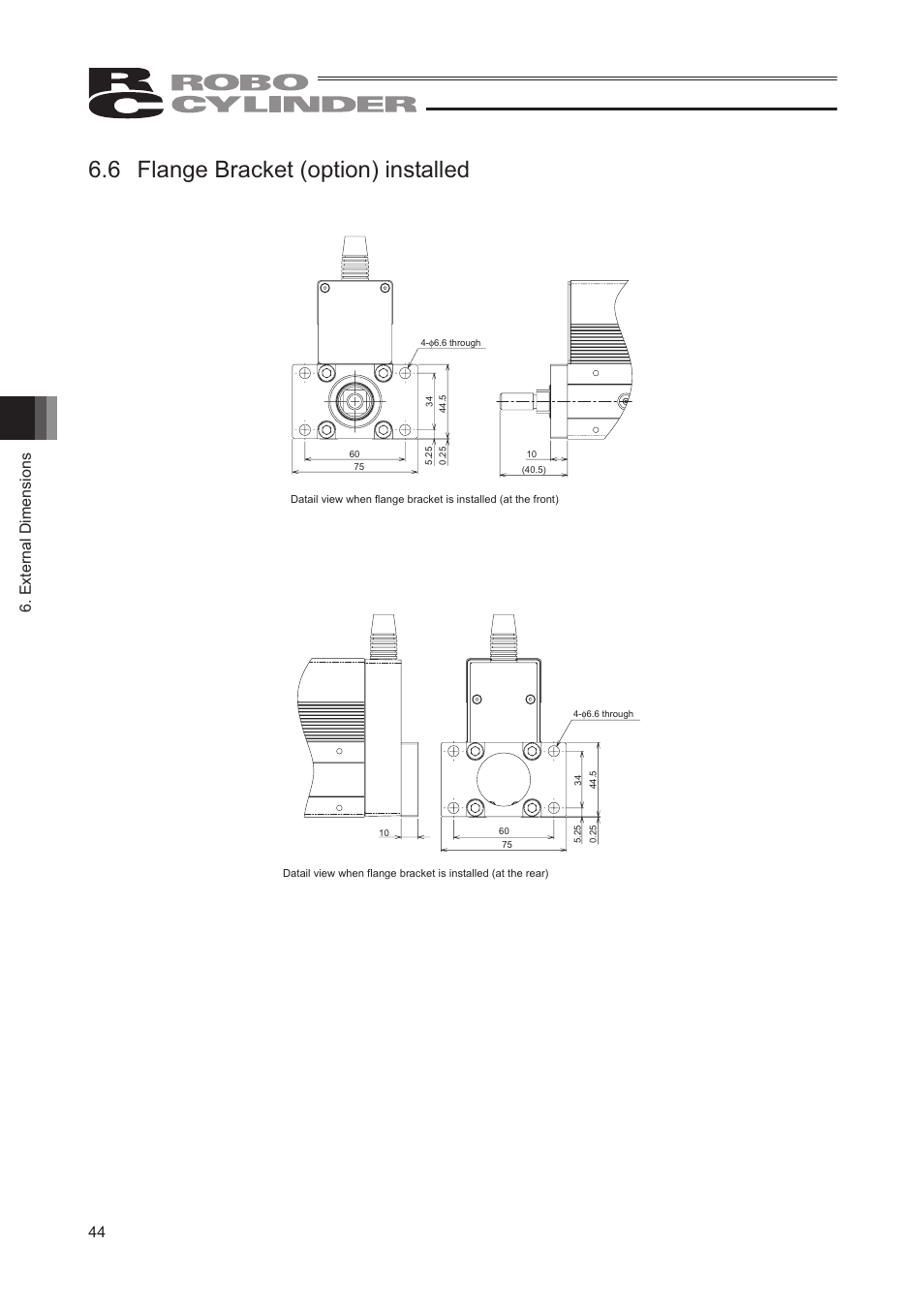 6 flange bracket (option) installed, External dimensions 44 | IAI America RCP2-SRGD4R User Manual | Page 50 / 56