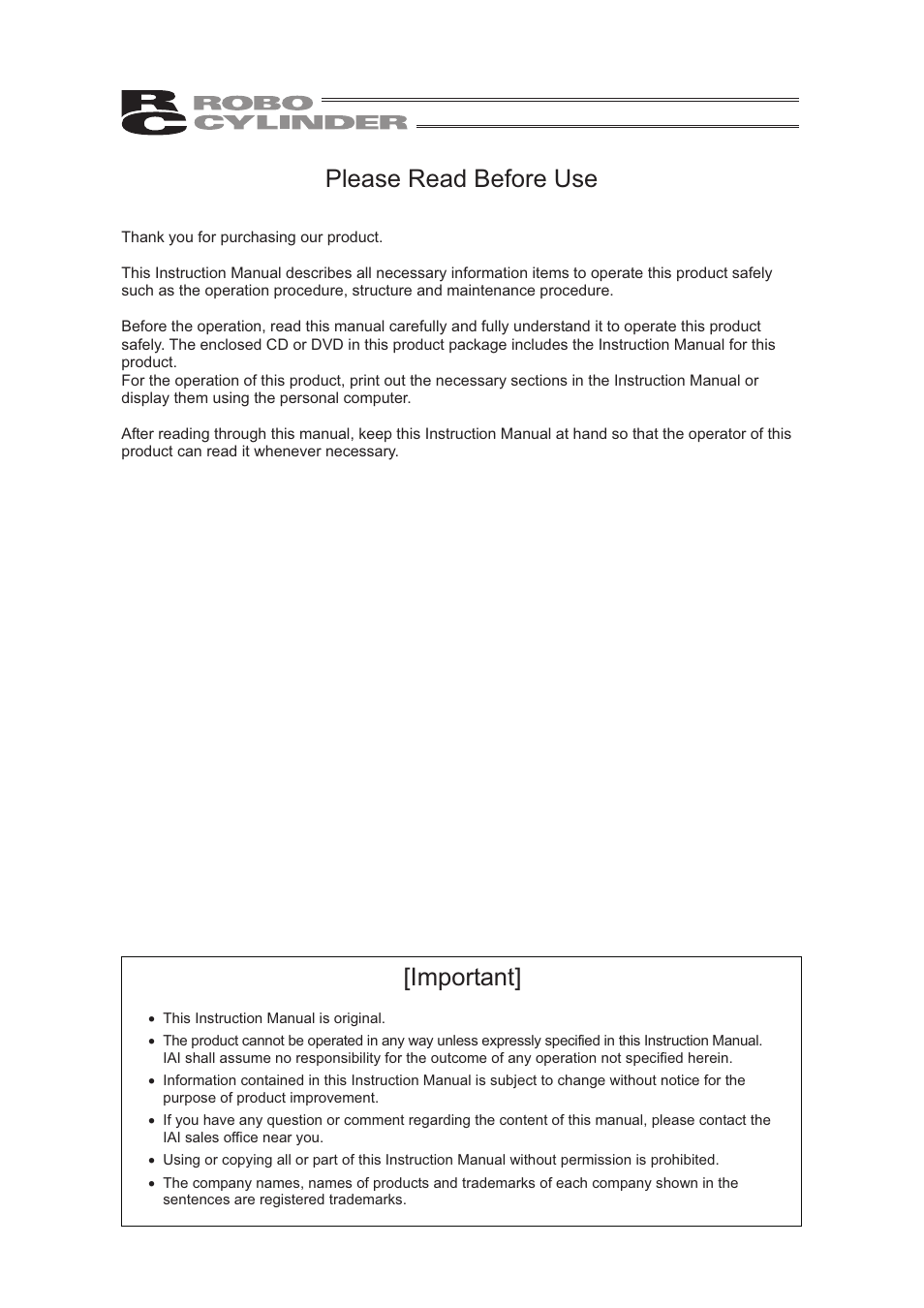 Please read before use, Important | IAI America RCA2-SD4N User Manual | Page 3 / 100
