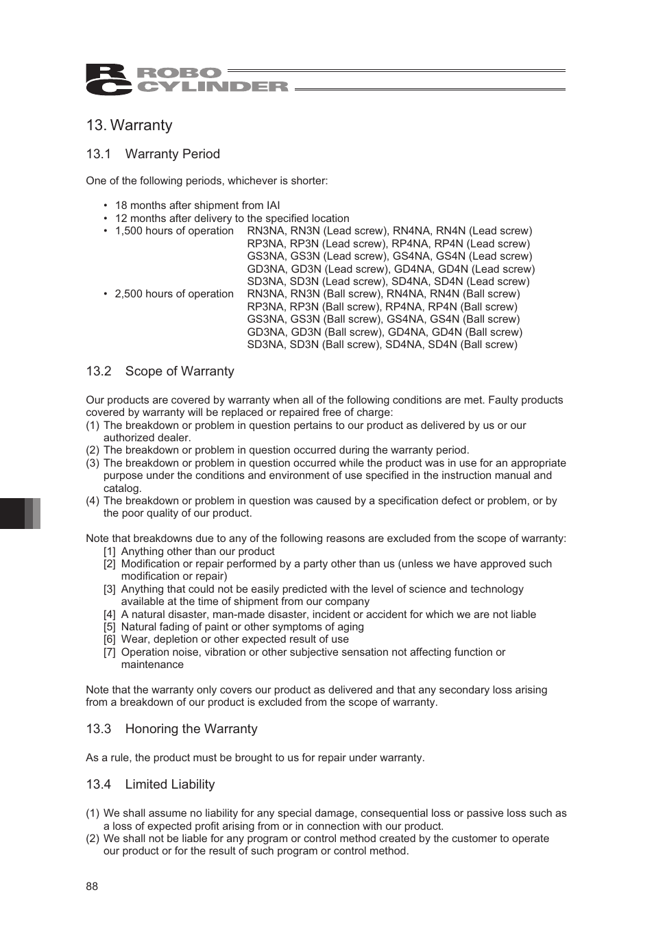 Warranty, 1 warranty period, 2 scope of warranty | 3 honoring the warranty, 4 limited liability | IAI America RCA2-SD4N User Manual | Page 96 / 100