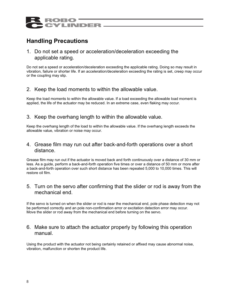 Handling precautions | IAI America RCA2-SA6R User Manual | Page 16 / 92