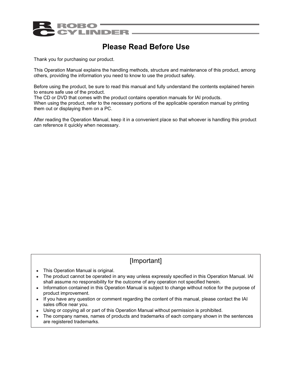 Please read before use, Important | IAI America RCA2-SA6R User Manual | Page 3 / 92