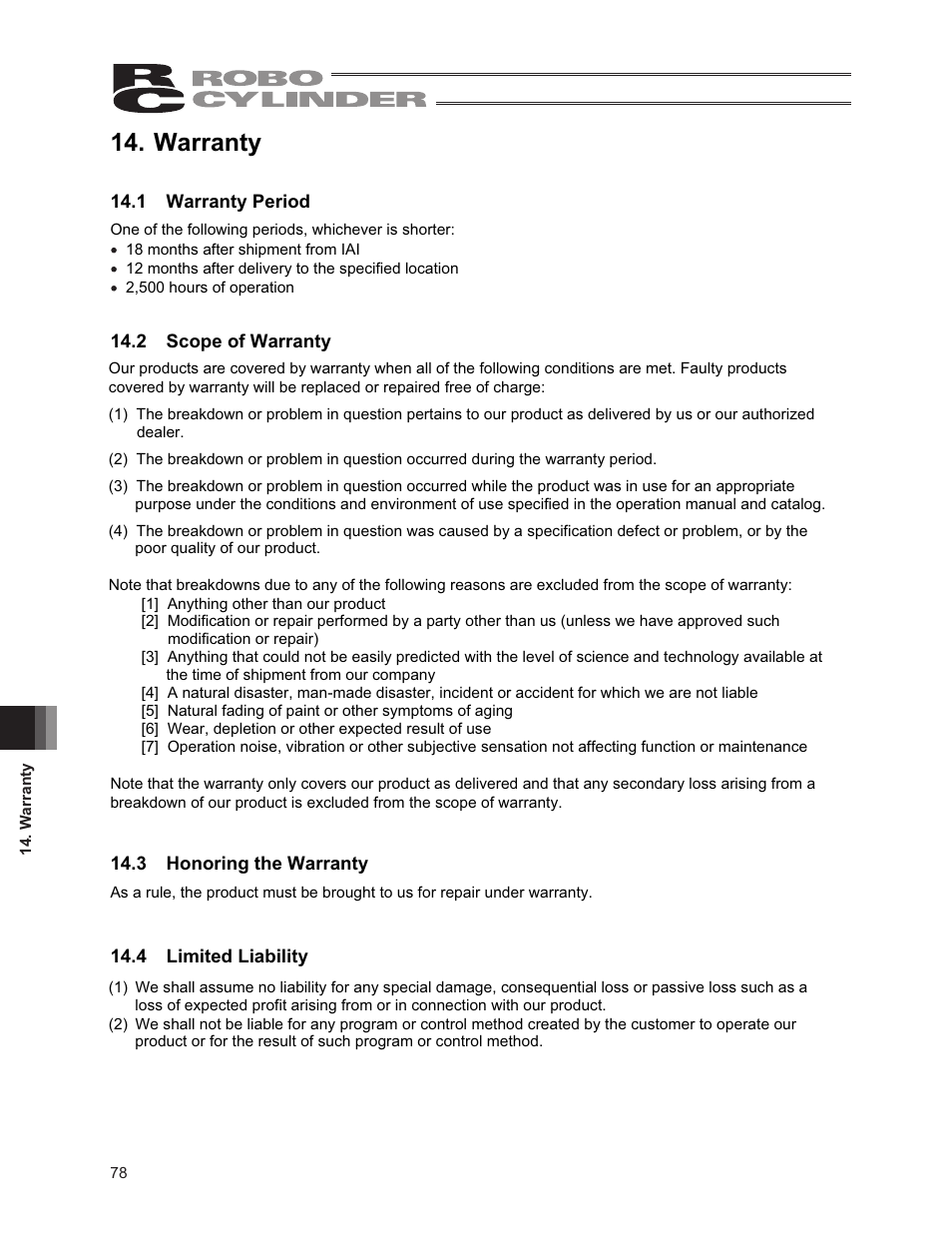 Warranty, 1 warranty period, 2 scope of warranty | 3 honoring the warranty, 4 limited liability | IAI America RCA2-SA6R User Manual | Page 86 / 92