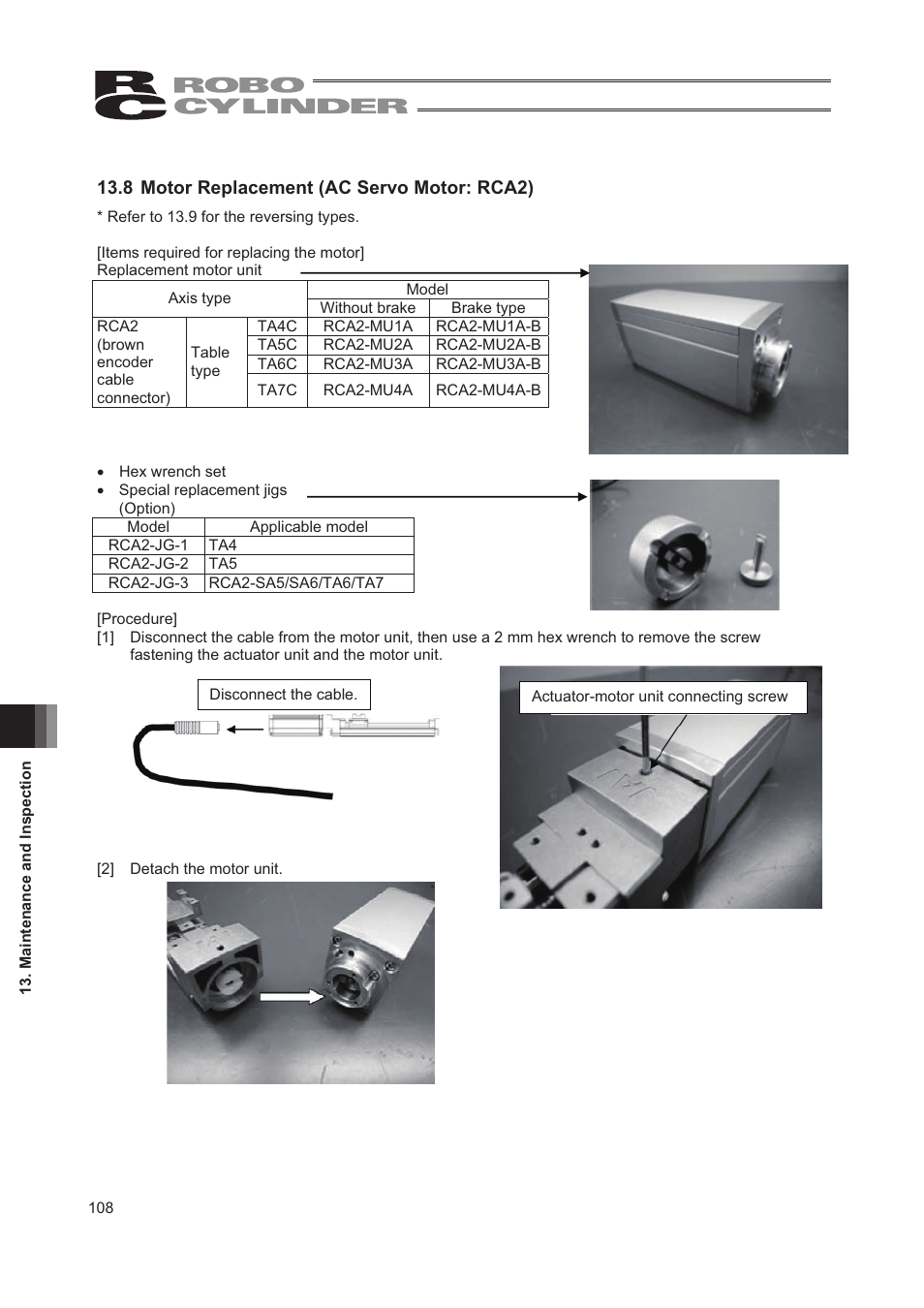 8 motor replacement (ac servo motor: rca2) | IAI America RCA2-TW4N User Manual | Page 116 / 134