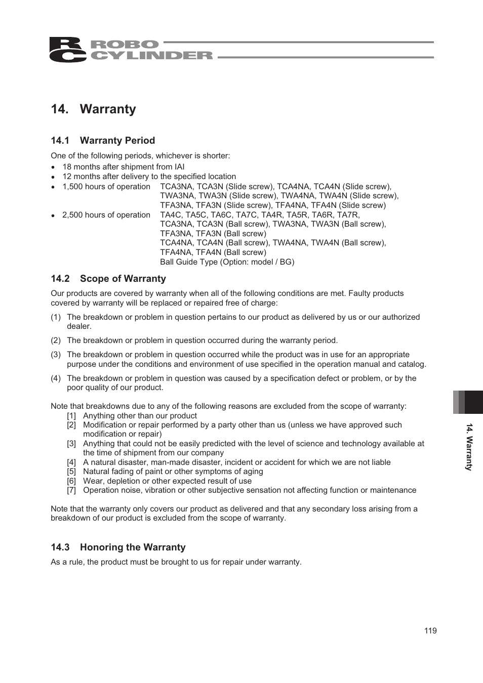 Warranty, 1 warranty period, 2 scope of warranty | 3 honoring the warranty | IAI America RCA2-TW4N User Manual | Page 127 / 134