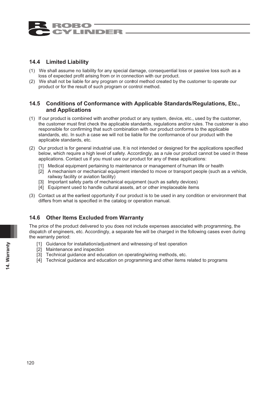 4 limited liability, Manual.14.6 other items excluded from warranty | IAI America RCA2-TW4N User Manual | Page 128 / 134