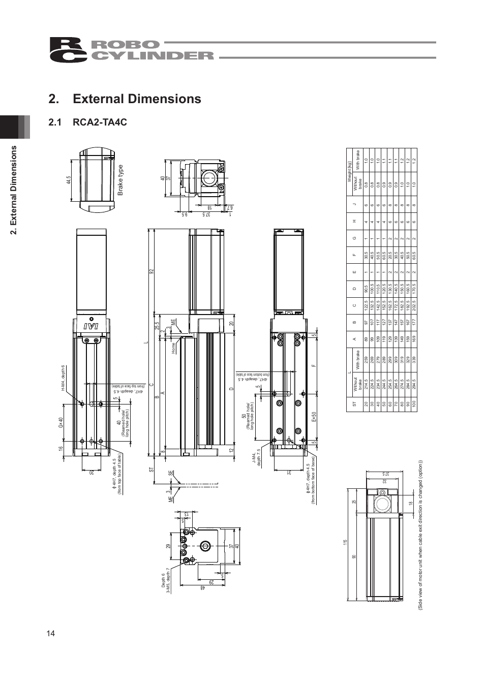 External dimensions, 1 rca2-ta4c, 14 2. external dimensions | Brake type | IAI America RCA2-TW4N User Manual | Page 22 / 134