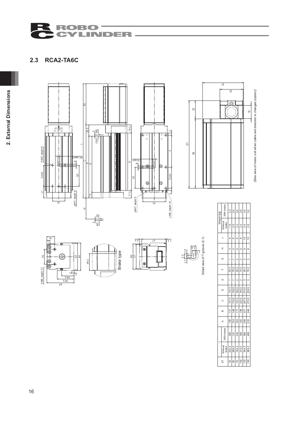 3 rca2-ta6c, 16 2. external dimensions, Brake type | IAI America RCA2-TW4N User Manual | Page 24 / 134