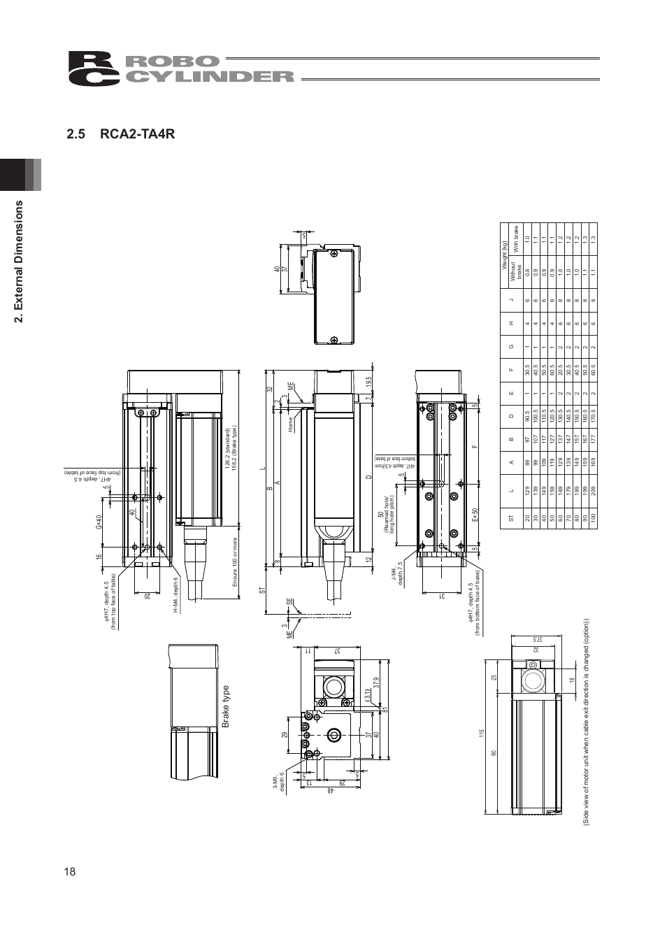 5 rca2-ta4r, 18 2. external dimensions, Brake type | IAI America RCA2-TW4N User Manual | Page 26 / 134