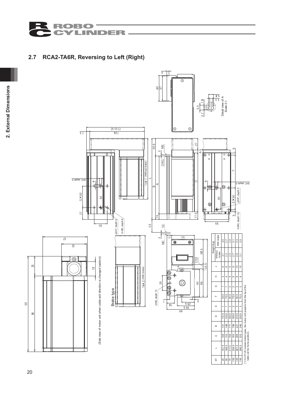 7 rca2-ta6r, reversing to left (right), 20 2. external dimensions, Brake type | IAI America RCA2-TW4N User Manual | Page 28 / 134