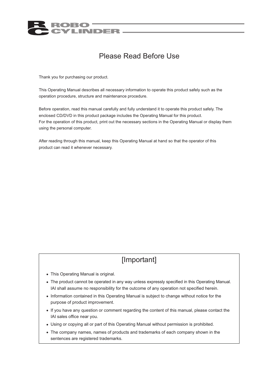 Please read before use, Important | IAI America RCA2-TW4N User Manual | Page 3 / 134