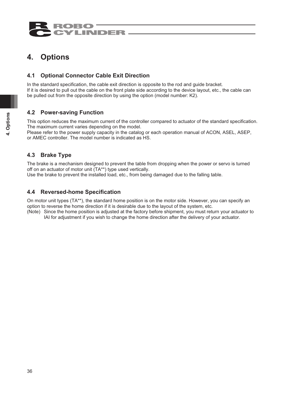Options, 1 optional connector cable exit direction, 2 power-saving function | 3 brake type, 4 reversed-home specification | IAI America RCA2-TW4N User Manual | Page 44 / 134