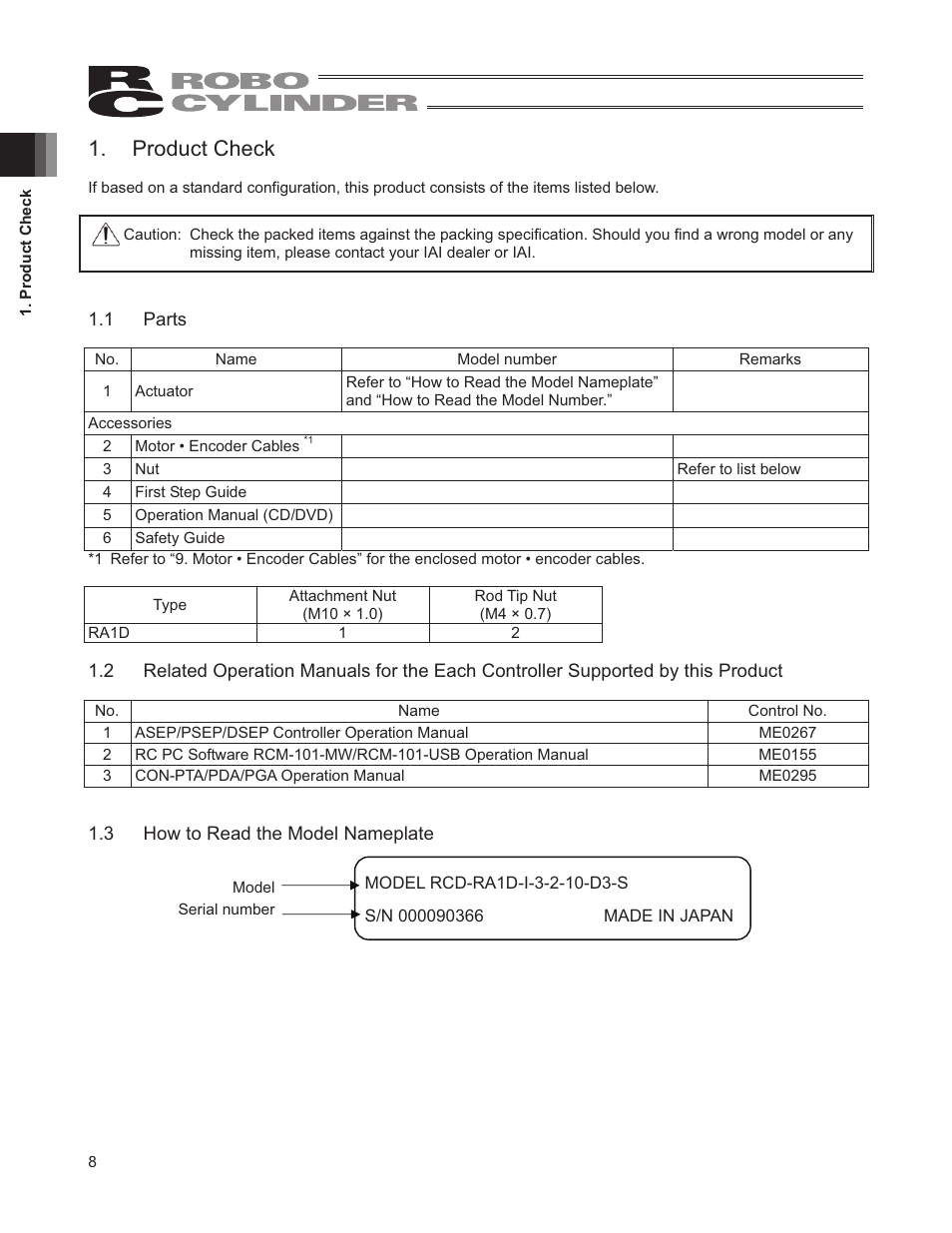 Product check, 1 parts, 3 how to read the model nameplate | IAI America RCD-RA1D User Manual | Page 14 / 40