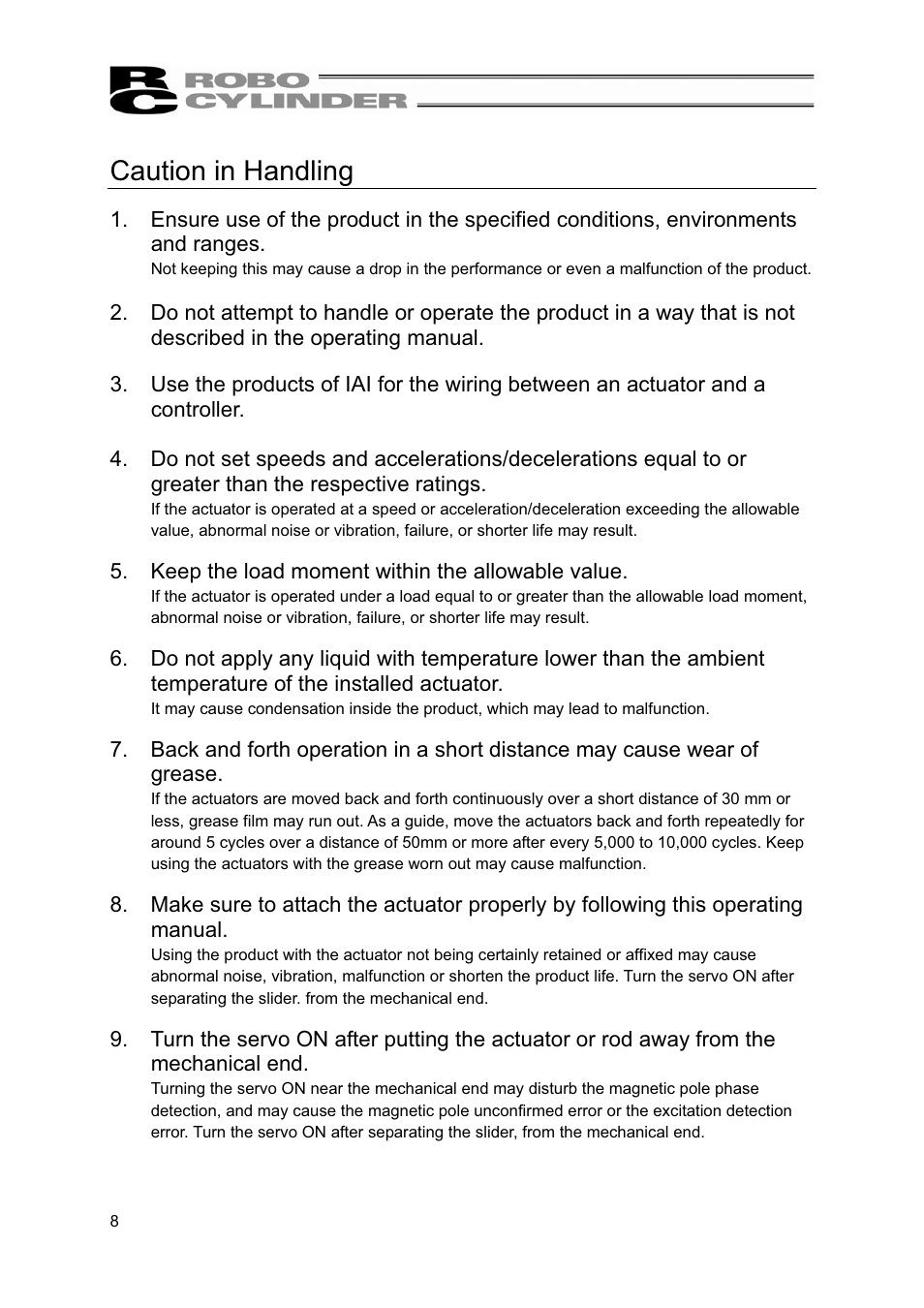 Caution in handling | IAI America RCP2-BA7U User Manual | Page 14 / 72