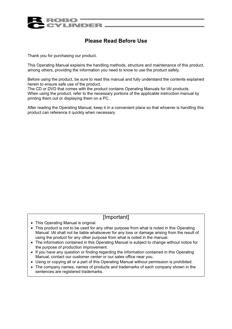 Please read before use, Important | IAI America RCP2-BA7U User Manual | Page 3 / 72