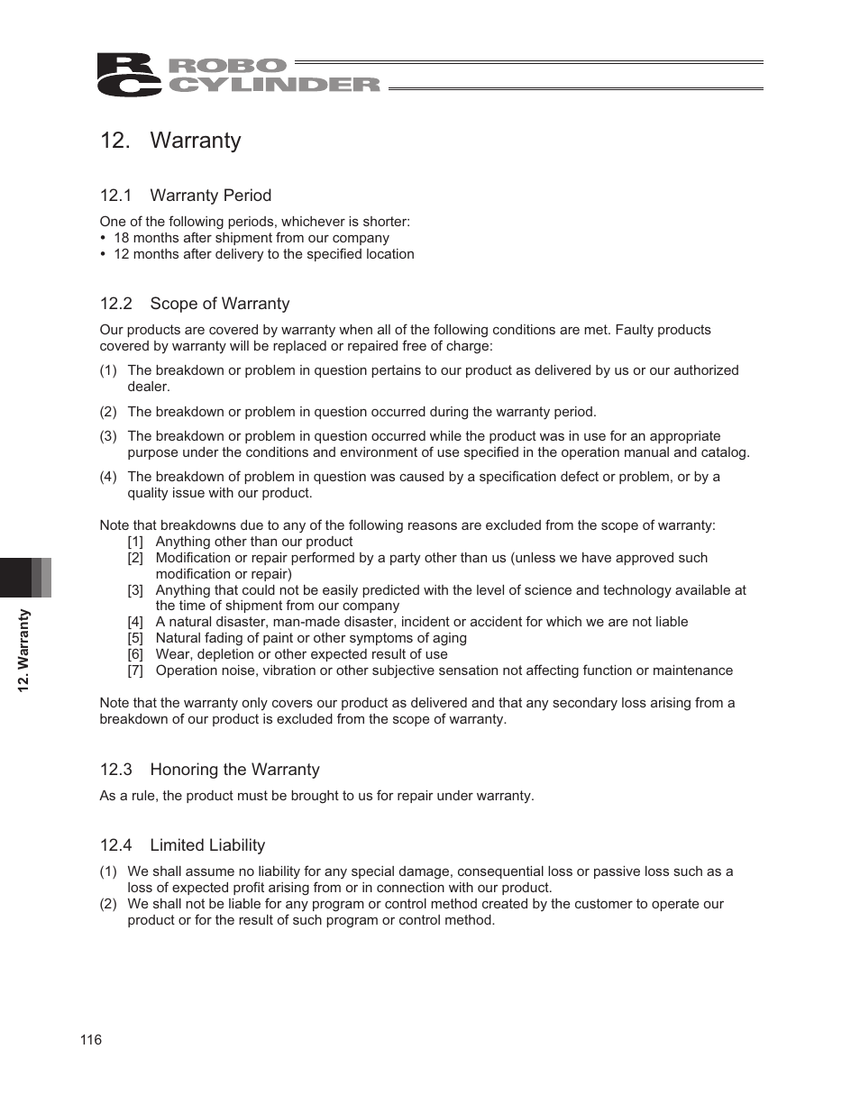 Warranty, 1 warranty period, 2 scope of warranty | 3 honoring the warranty, 4 limited liability | IAI America RCP2W-GRLS User Manual | Page 126 / 130