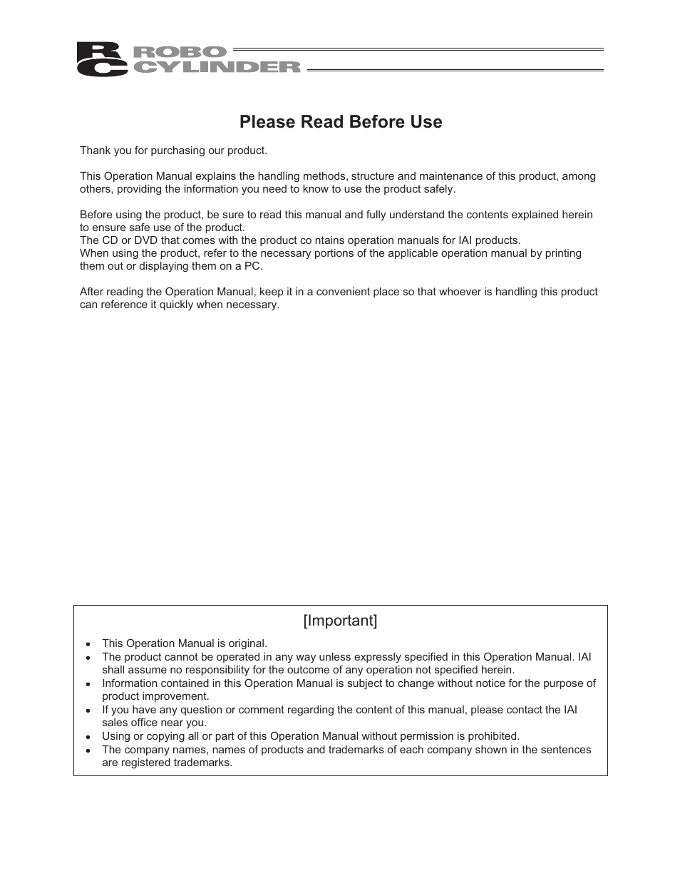 Please read before use, Important | IAI America RCP2W-GRLS User Manual | Page 3 / 130
