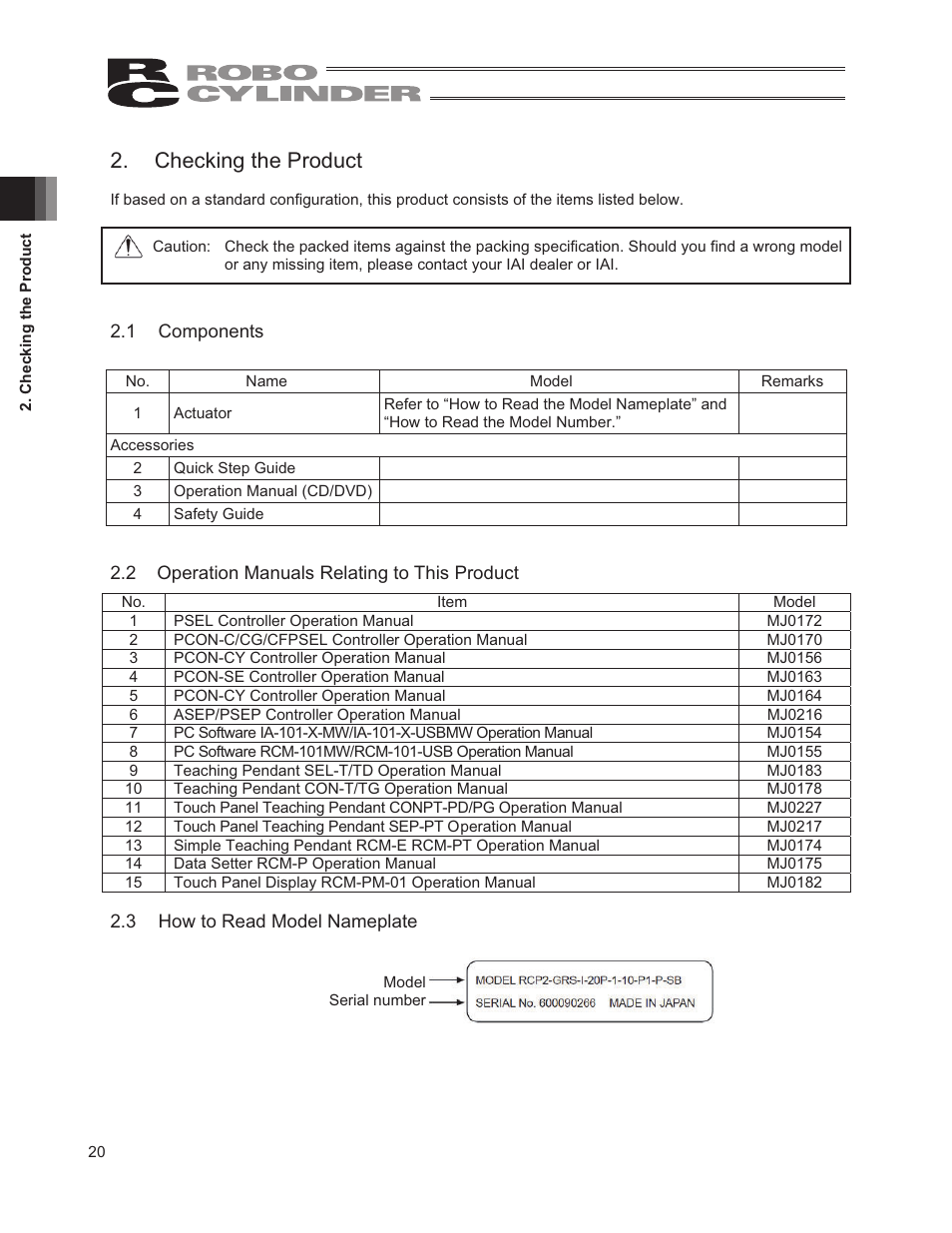 Checking the product, 1 components, 2 operation manuals relating to this product | 3 how to read model nameplate | IAI America RCP2W-GRLS User Manual | Page 30 / 130