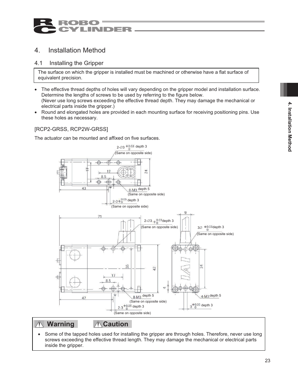 Installation method, 1 installing the gripper, Warning caution | Rcp2-grss, rcp2w-grss | IAI America RCP2W-GRLS User Manual | Page 33 / 130