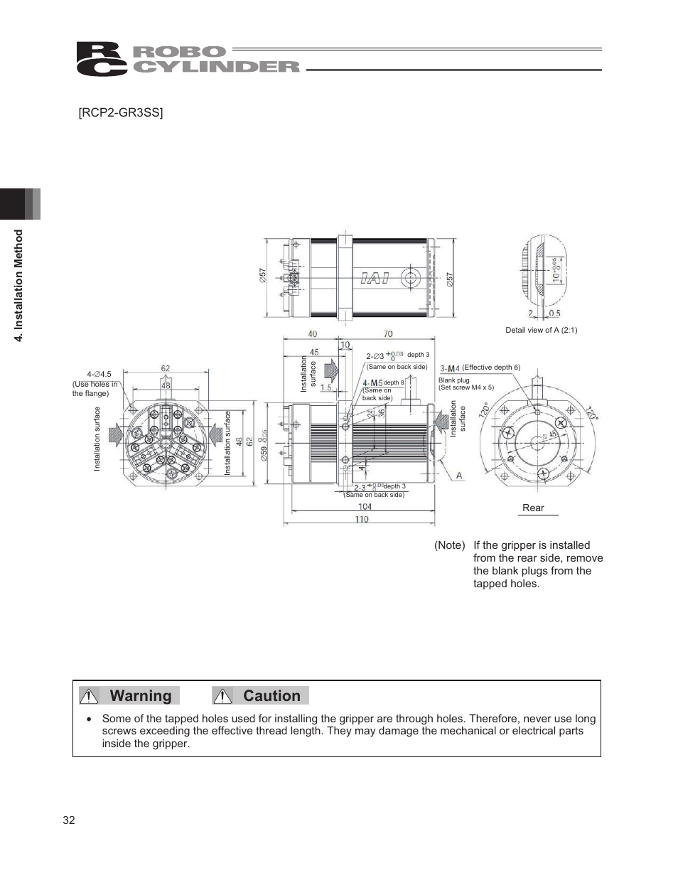 Warning caution, Rcp2-gr3ss, 32 4. installation method | IAI America RCP2W-GRLS User Manual | Page 42 / 130
