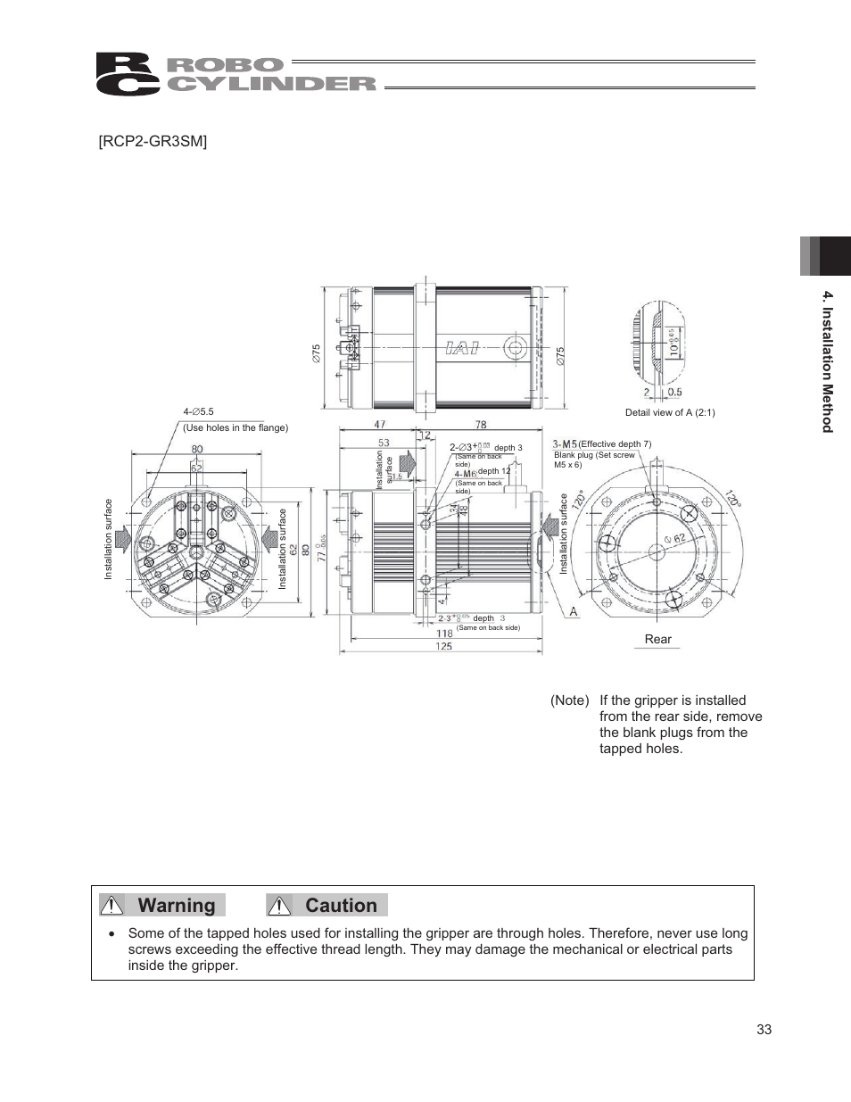 Warning caution, Rcp2-gr3sm, 33 4. installation method | IAI America RCP2W-GRLS User Manual | Page 43 / 130