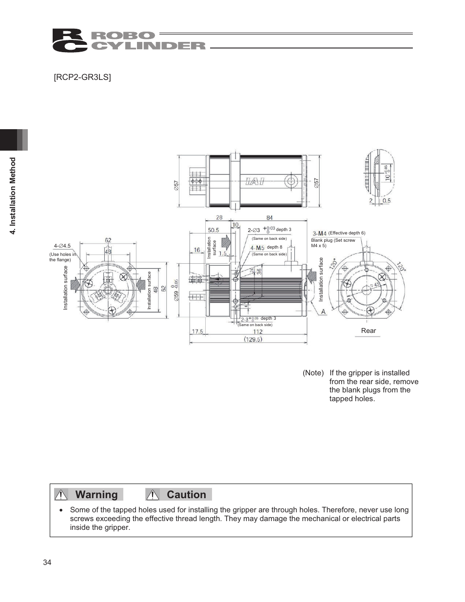 Warning caution, Rcp2-gr3ls, 34 4. installation method | IAI America RCP2W-GRLS User Manual | Page 44 / 130