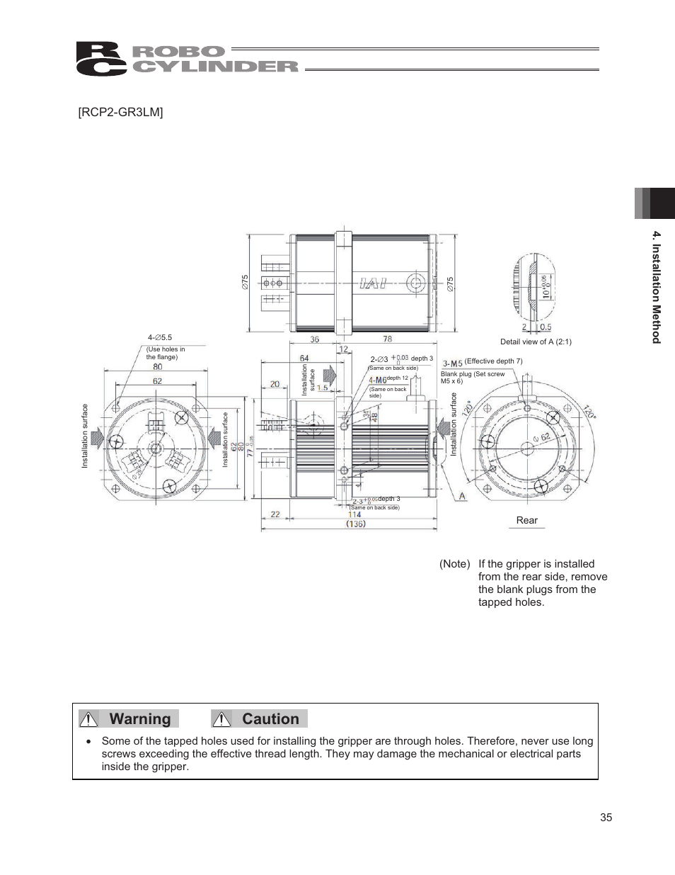 Warning caution, Rcp2-gr3lm, 35 4. installation method | IAI America RCP2W-GRLS User Manual | Page 45 / 130